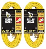 2-Pack - Yellow Jacket 12/3 Heavy-Duty 15-Amp SJTW Contractor Extension Cord with Lighted Ends, 25-Feet