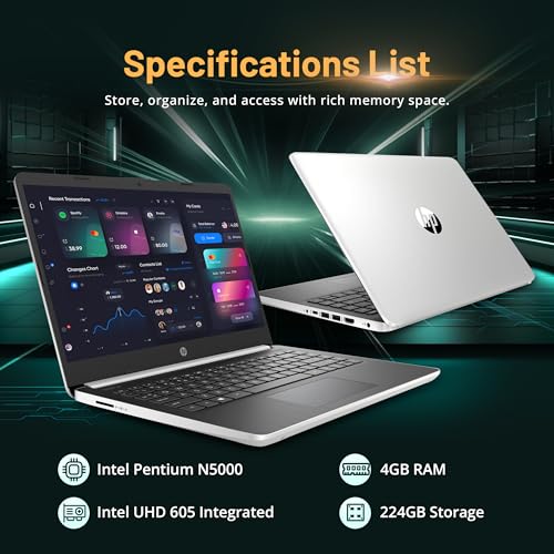 Image of HP 14'' FHD Laptop, Intel Pentium Silver N5000, 4GB DDR4 RAM, 224GB Storage(64GB eMMC + 160GB Docking Station Set), Intel UHD Graphics, Wi-Fi 5, 720p Webcam, Windows 10 S, Silver