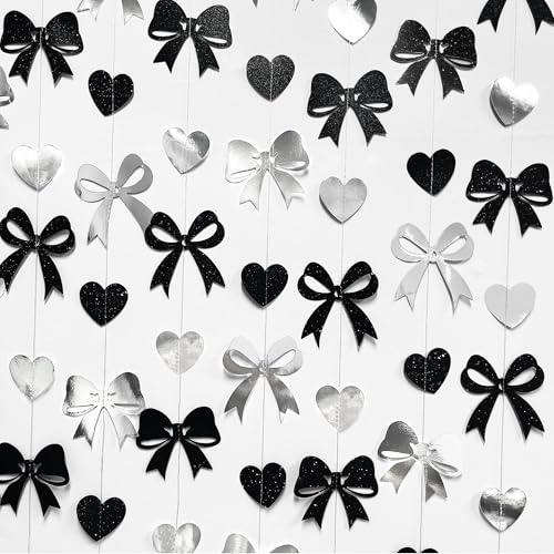 Image of Bow Decorations Siver Black Metallic Glitter Paper Bow Heart Hanging Garland Streamer for Coquette Birthday Valentines Bachelorette Wedding Bridal Shower Anniversary Hen Party Decorations Supplies