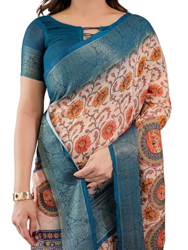Image of ALMAARI FASHION Handloom Cotton Saree, Cream with Royal Blue Border, Floral Print, Silver Zari Work, 5.5 Metres
