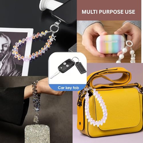 Image of Phone Charm with Beaded Chain | Acrylic Phone Strap for Mobile Keys & Bags | Decorative Wrist Strap | Lanyard Charms | Keychain Accessory for Women Girls (Crystal-Pink)