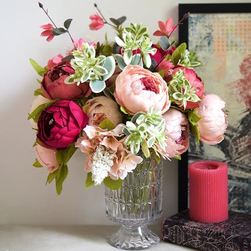 Image of FiveSeasonStuff Pinkish Red and Dusty Pink Vintage Artificial Peonies Silk Flowers and Hydrangeas for Wedding Bridal Home Decor - Beautiful Floral Centerpiece Bouquet (Passion Blush)