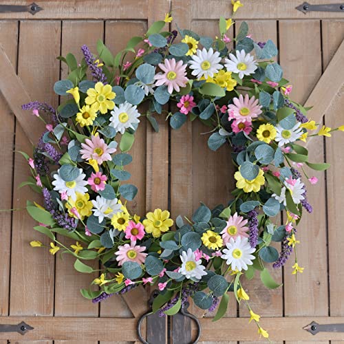 Gaudium 20" Artificial Spring Eucalyptus Leaf Wreaths, Large White Pink And Yellow Daisy Wreaths, Front Door Window Home Decor Wreaths And Holiday Celebrations #TOP4