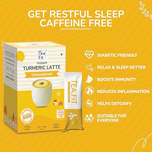 Image of TeaFit NO SUGAR Instant Turmeric Latte | Healing Haldi Doodh | 100 Sachets (1500gm) + Spoon | Get Good Sleep | Ayurvedic Remedy | Diabetic-Friendly | With Lakdadong Turmeric