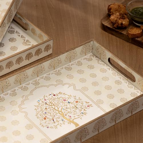 Image of Waterproof Serving Tray Set of 3 (16x10,14x8,12x6 Inch) | MDF Wooden Tea & Snack Trays with Handles | Decorative Multipurpose Breakfast & Coffee Table Trays for Kitchen & Home(Setof3WP-TreeofLife)