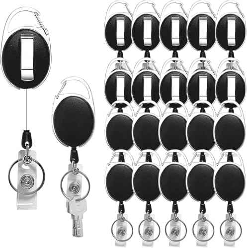 Diateklity 20 Pack Retractable Badge Holder with Carabiner Reel Clip, Badge Reel Bulk ID Card Key Holder with Ring, Heavy Duty Black Key Chain Extender for Office Work Employee