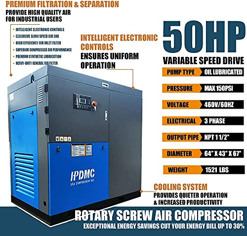 Hpdavv 50-Hp Tankless 219Cfm@125Psi Oil-Injected Rotary Screw Air Compressor With Variable Speed Drive 460-480V/3-Phase Industrial Air Compressed System With Built-In Oil Separator #TOP6