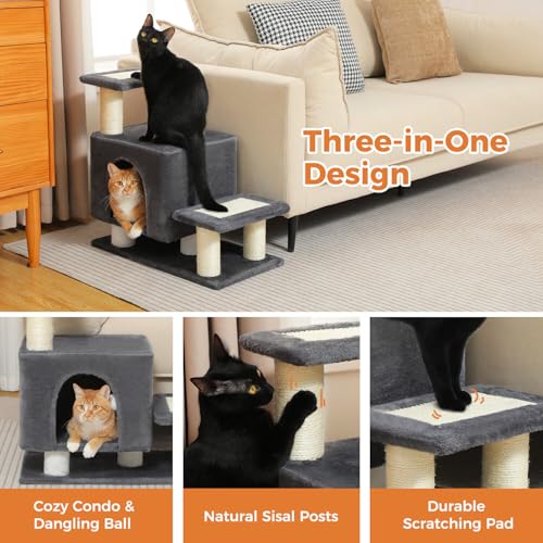 Image of 3-in-1 Dog Stairs & Cat Scratching Post with Condo, Pet Steps for High Bed, Sofa, Couch, Tall Cat Tower, High-Strength Board for Indoor Small Cats Kittens Dogs Climbing Playing, 3 Steps-Dark Grey