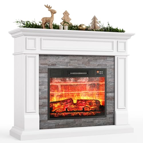 Naice-44-Electric-Fireplace-Mantel-Farmhouse-TV-Stand-with-Electric-Fireplace-Heater-Stacked-Stone-Surround-and-Remote-Control-3D-Realistic-Flame-White-Fireplace-for-Living-Room-Bedroom Naice 44 Electric Fireplace Mantel Farmhouse TV Stand with Electric Fireplace Heater Stacked Stone Surround and Remote Control 3D Realistic Flame White Fireplace for Living Room Bedroom