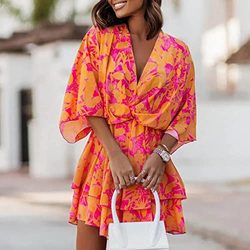 Batwing Sleeve Dresses For Women,2023 Summer Trendy Elegant Floral Beach Dress,Casual Loose V Neck Elastic Waist Mini Dress,Flowy Ruched Boho Dress Hawaiian Outfits(A-Hot Pink,2Xl) #TOP1