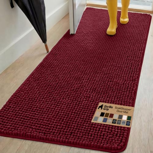 Image of GORILLA GRIP SoakSTOPPER Dog Door Mat, 70x24 Machine Washable Rug Absorbent Doormat Captures Moisture Mud Dirt, Quick Dry Soft Chenille Entryway Rugs Indoor Entrance Mats for Dog Paws, Burgundy