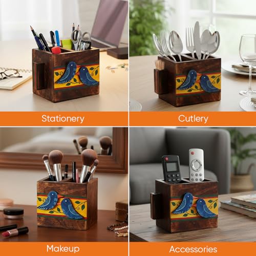 Image of AAKRITI ART CREATIONS Love Birds Cutlery Holder Small | Hand-painted Wooden Stand For Dining Table | Kitchen Knife Holder | Wooden Cutlery Holder, Multicolor Matte Finish
