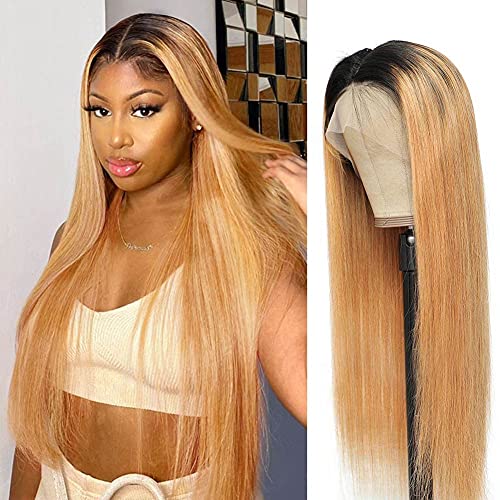 Ombre Lace Front Wig Human Hair Straight Lace Frontal Wigs for Black Women, 150% Density Brazilian Virgin Ombre Human Hair Wigs Pre Plucked with Baby Hair #1B/27 Colored (22 Inch)