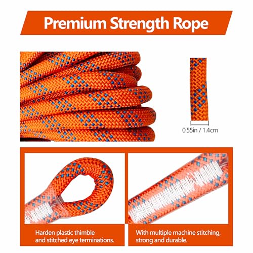 Image of Fall Protection Rope for Roofing Tree Climbing, 25ft Harness Safety Lanyard, Vertical Rope with Grab Snap Hooks Shock Absorber Safety Equipment Orange