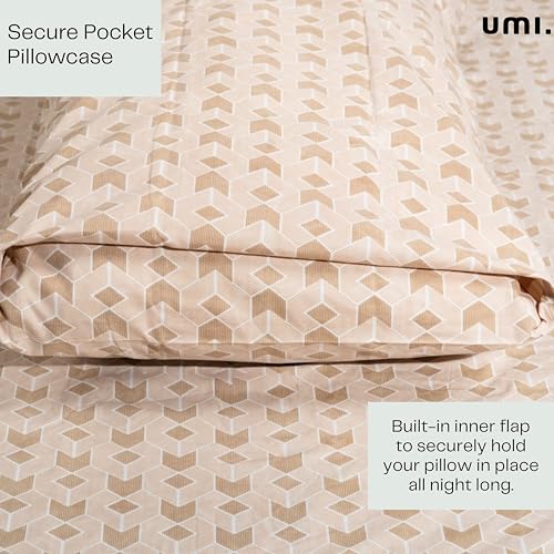Image of Amazon Brand - Umi Cotton Fitted Bedsheet, Queen Size 78x60 Inches, Elastic Fit Bed Sheet, 10 Inch Deep Pocket, Soft Breathable Bedding, Durable Easy Care, with Pillow Cover-Ivory Matrix