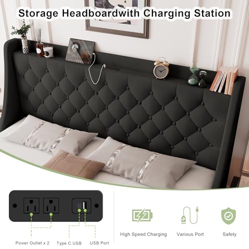 Image of Feonase Upholstered King Size Bed Frame with 4 Storage Drawers, Large Wingback Headboard, No Box Spring Needed, Black