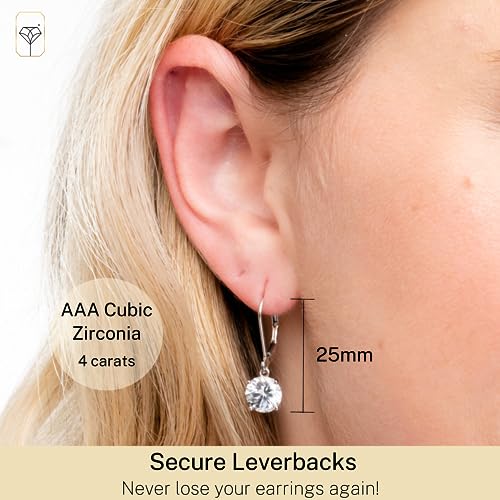 Sterling Silver Cubic Zirconia Dangle Earrings for Women | Silver Leverback Cubic Zirconia Dangle Earring | 2-4 CT.TW CZ Drop Earrings by MAX + STONE4