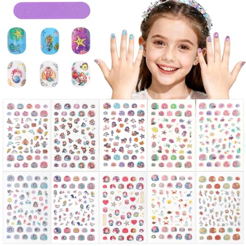 Laza 10 Sheets Nail Stickers for Kids Long Lasting Nail Art Stickers Self Adhesive Nail Decals Ocean Shell Mermaid Nail Art Decoration Lovely Christmas Gift for Children Kids Girls - Ocean World