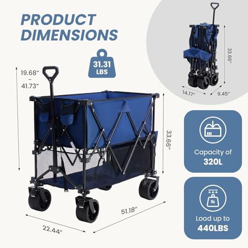 Image of DUMOS 440LBS Heavy Duty Double Decker Wagon Cart with Extender, 400L Large Capacity Collapsible Folding Wagons with Brakes, Adjust Handle, All-Terrain Big Wheels for Garden Shopping Camping - Blue