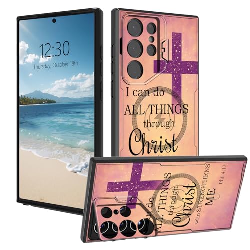 AIRWEE Magnetic Case for Samsung Galaxy S24 Ultra, Dual-Layer Shock-Absorbing Protective Cover with Hidden Camera Kickstand, Wireless Charging Compatible, Philippians 4-13