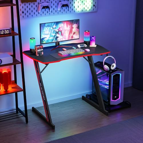 Image of PayLessHere | 35 inch Gaming Table | Red | Z-Shaped Computer Desk with Steel Frame, Headphone Hook, Adjustable Feet | Carbon Fiber Texture Surface, Sweat & Waterproof | for Gaming, Home Office