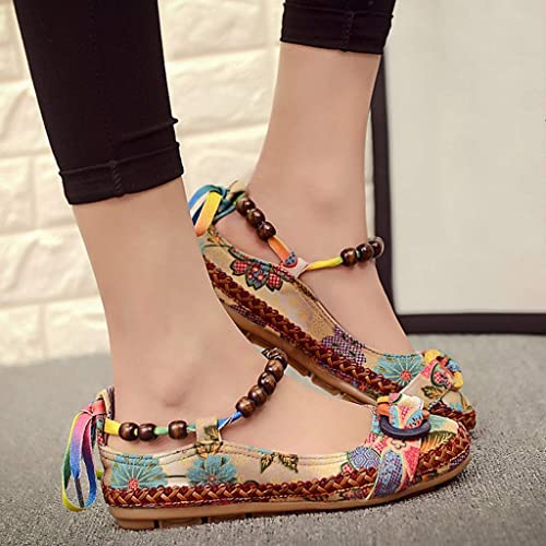 TangDao Women's Retro Women Ethnic Beading Round Toe Floral Embroidered Shoes Women Lace Up Casual Ballet Flats Shoes2