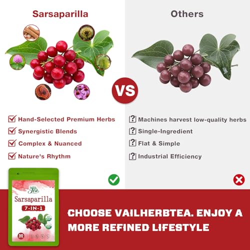 Image of VailHerbTea Sarsaparilla Root Tea Bags - 50 Count, Handcraft Herbal Tea for Detox Cleanse Support, Natural Formula w /Echinacea & Dandelion for Urinary & Immune System - Caffeine-Free, Mild Taste Tea.