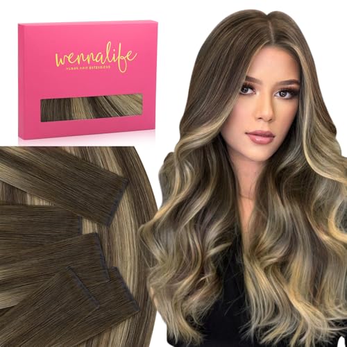 Image of WENNALIFE Invisi Edge Tape in Hair Extensions Human Hair,#4 /27 /4,22 Inch | 22 Inch 30g 10pcs Balayage Chocolate Brown to Caramel Blonde Invisi Remy Hair tensions Seamless Injected Straight