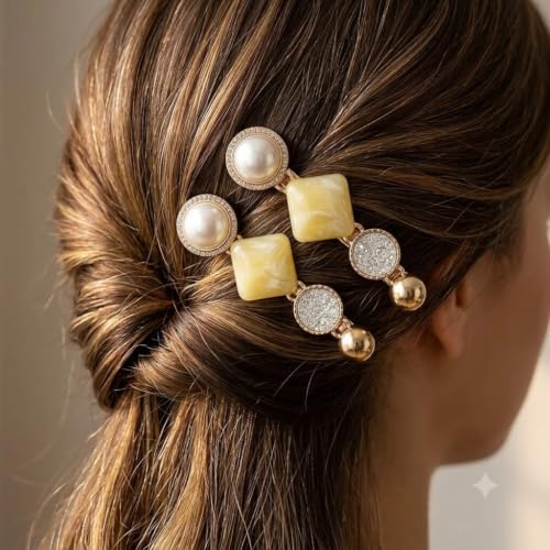 Image of Yellow Fashion Accessories Set for Women & Girls - Matte Flower Claw Clip, Plaid Plumeria Scrunchie, Geometric Hair Pins, Beaded Charm Bracelet 4Pcs
