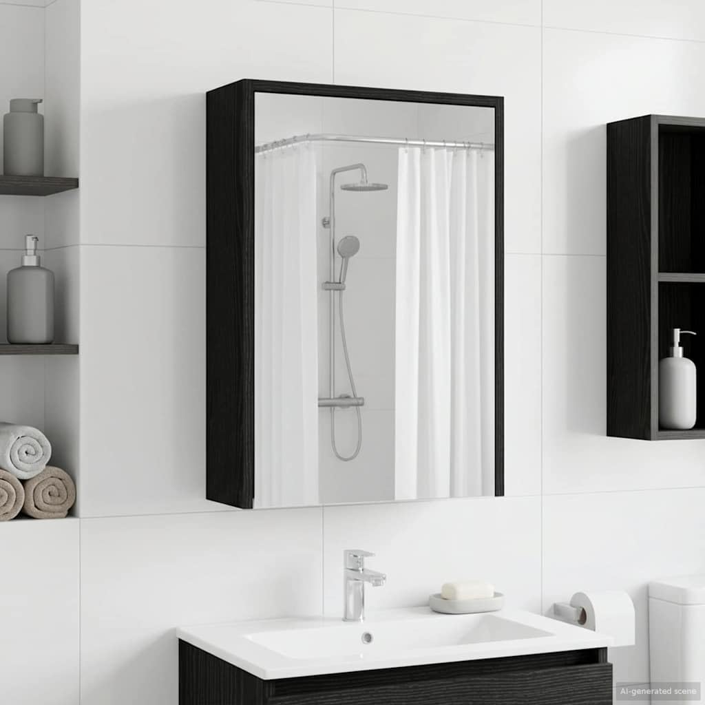 Armadietto da bagno a specchio nero effetto rovere, 43 x 16 x 62,5 cm, in legno con specchio bidirezionale e ripiani regolabili, montaggio a parete per mobili da bagno, portaoggetti
