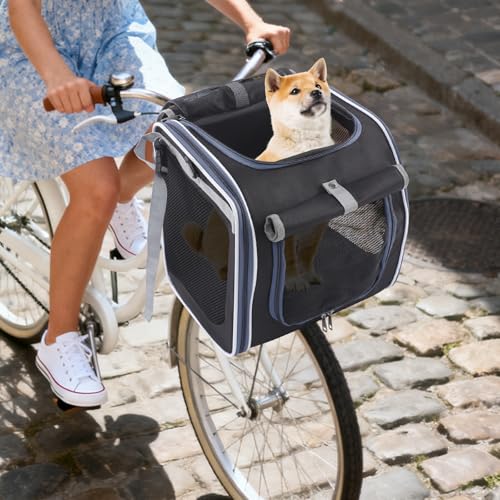 Apriltop 36 * 25 * 36cm Hundekorb Fahrrad Vorne bis 6,5 Kg, mit Kissen, Haustier Reisetasche mit Schulterriemen und Netzfenstern, für Katzen und Hunde, für Reisen, Radfahren, Wandern (Schwarz)
