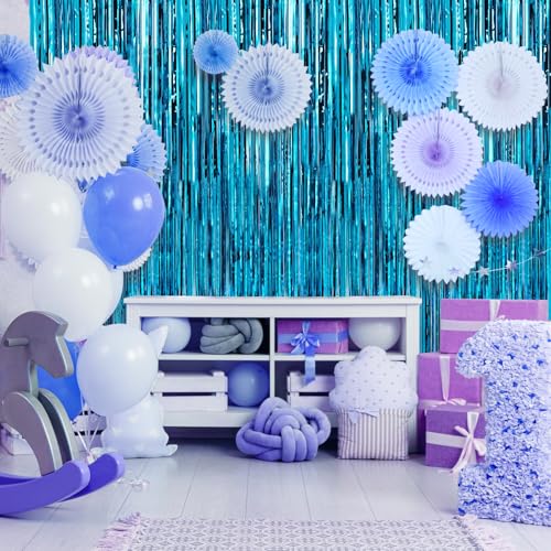 Image of Crosize 3 Pack 3.3 x 9.9 ft Blue Foil Fringe Backdrop Curtain, Streamer Backdrop Curtains, Streamers Birthday Party Decorations, Tinsel Curtain for Parties, Galentines Decor, Preppy, Photo Booth