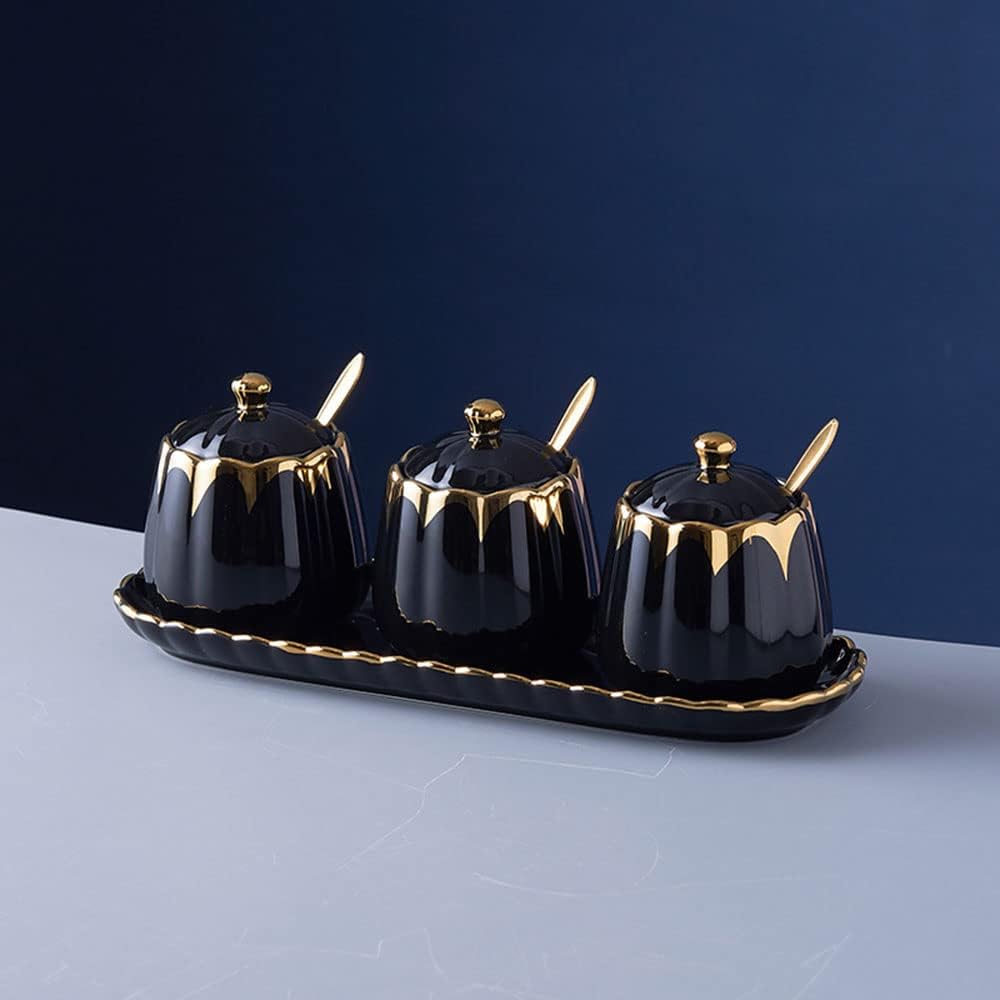 3pcs Set Artwork Ceramics Porcelain Seasoning Bowl Condiment Pots Containers Spice Jars with Spoon - Spice Boxes with Lids, Sugar Salt Storage Container for Kitchen (Black)