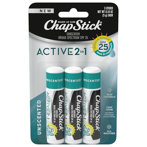 ChapStick Active 2-in-1 Unscented Flavored Lip Balm Tubes with Mineral Based SPF 25 Sunscreen - 0.18 Oz (Pack of 3)