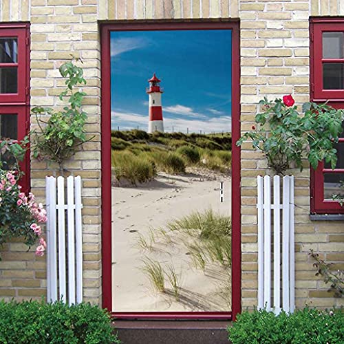 MKNCILN 3D Türaufkleber Strand Leuchtturm Landschaft Selbstklebend Türtapete Türposter Vinyl Poster Küche Aufkleber Wandtapete für Tür Wohnzimmer Schlafzimmer Bad Deko 77x200CM