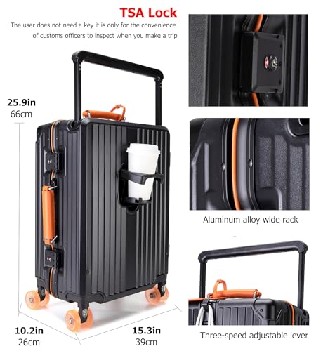 feilario 24" Aluminum Frame Wide Handle Hard Shell Carry On Suitcase - Vivid Colors Double Spinner Wheels Airline Approved Rolling Luggage with TSA Lock & Cup Holder (Black, 24in)4