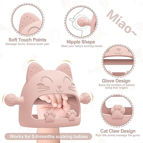 Image of YomauiYee Baby Teething Toys 0-6 Months - Pink Silicone Cat Teether - Anti-Drop Mitten Teether for Soothing Sore Gums - Baby Teether Toy for 6 to 12 Months - Ideal Travel Essentials for Moms
