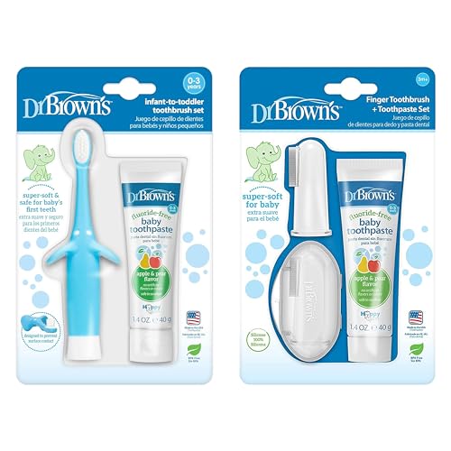 Image of Dr. Brown's Infant-to-Toddler Training Toothbrush Set, Blue Elephant & 100% Silicone Baby Finger Toothbrush and Toothpaste Set, 2-Pack Toothbrush with Storage Case, Fluoride-Free