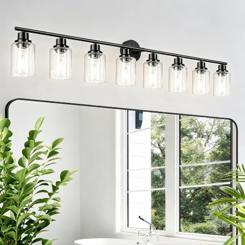 Image of 8-Light Black Vanity Lights, Modern Bathroom Light Fixtures with Clear Glass Shade, Wall Lamps for Mirror Kitchen Hallway Cabinet Living Room Sconces Lights - E26