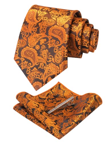 Image of JEMYGINS Mens Solid Color Paisley Necktie and Pocket Square with Tie Clip Sets