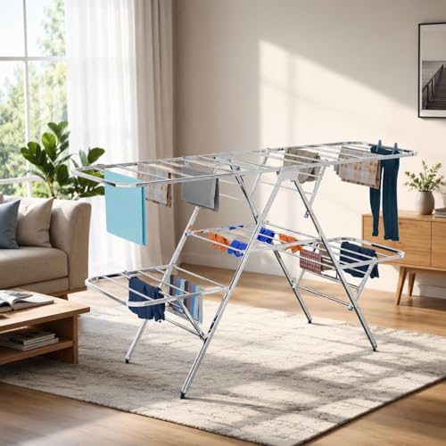Image of KITCHIVO Foldable Stainless Steel, 4 Layer Laundry Drying Stand, Heavy Duty Garment Dryer for Indoor & Outdoor Use, Space Saving Balcony Cloth Drying Stand (Zig-ZEG)