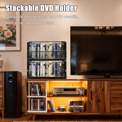 Image of DVD Blu ray Storage Rack, DVD Shelf Holds Up To 28 DVD Cases, Stackable Wood & Metal DVD Tower with Magnetic Opening Door for Easy Access, Desktop Organizer for CDs, Video Game, VHS Tapes