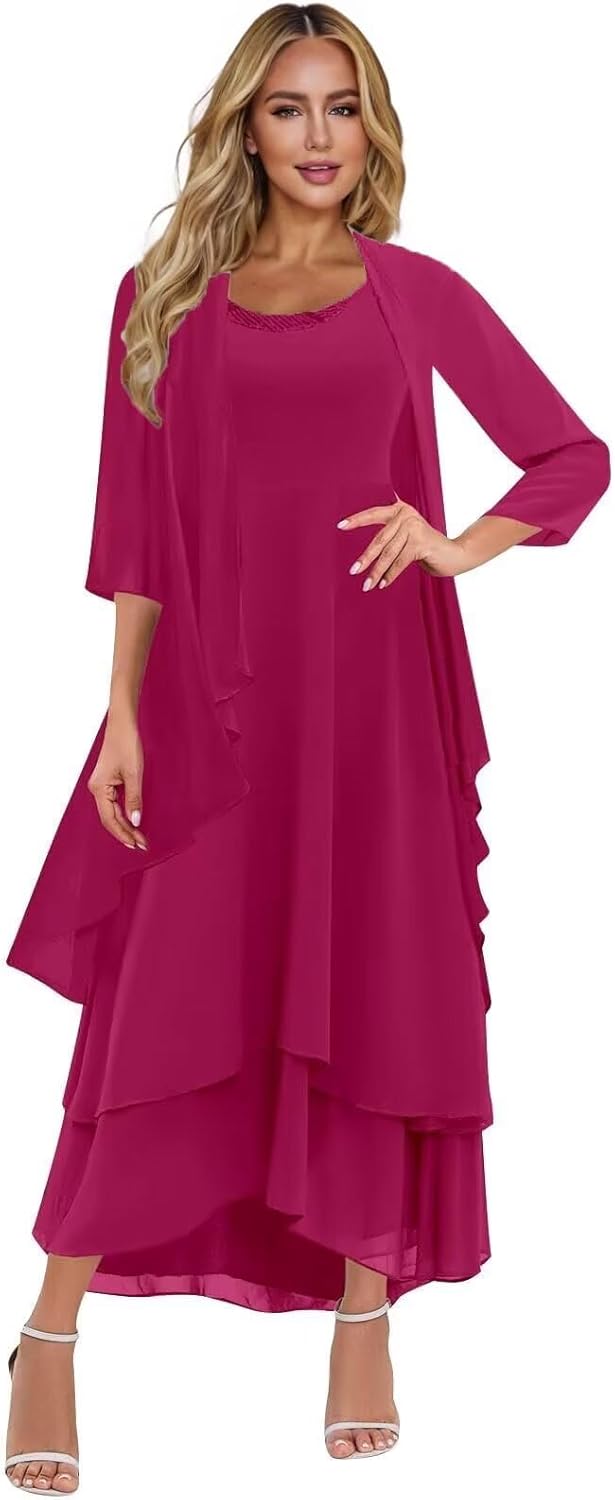 2 Pieces Mother of The Bride Dresses with Jacket for Wedding Party Guest Tiered Chiffon Formal Party Gown JH010