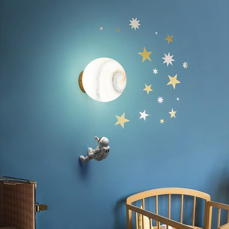 Aplique luna, luz de noche junto a la cama, aplique esférico, lámpara astronauta de dibujos animados, aplique con temperatura de color regulable, adecuado para:habitación infantil, estudio,Earth,15cm