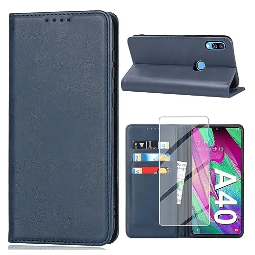 Handyhülle für Samsung Galaxy A40 Hülle mit Schutzfolie, Schutzhülle Galaxy A40 PU Leder Wallet Kartenfach Ständer Klapphülle Lederhüllen Case für Samsung A40 Tache Cover (Blau)