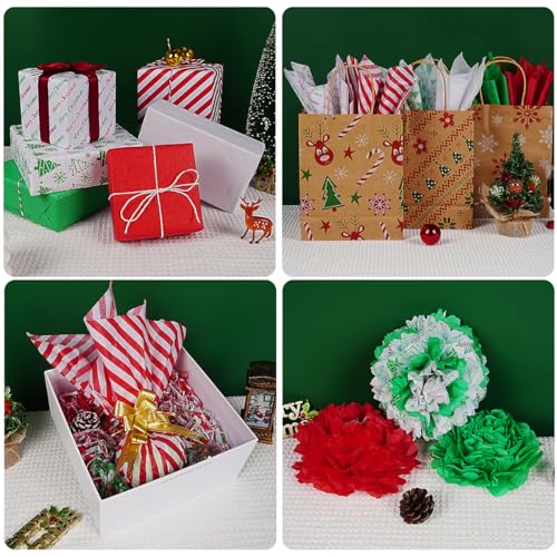 120 Blatt Seidenpapier Weihnachten, Rot Grün Weiß Seidenpapier Geschenkpapier Bulk, 6 verschiedene Designs Transparentpapier Bastelpapier für Weihnachten, Geburtstag, Basteln, Festival, 50 x 35 cm