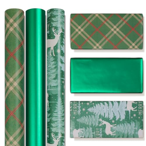 Niviy Papel de Regalo Rollo Grande 43cmx3m Papel de Regalo Verde 3 Rollos Papel de Regalo Kraft Navidad Impreso con Alces y Arbol de Navidad Ambiente Navideño Retro