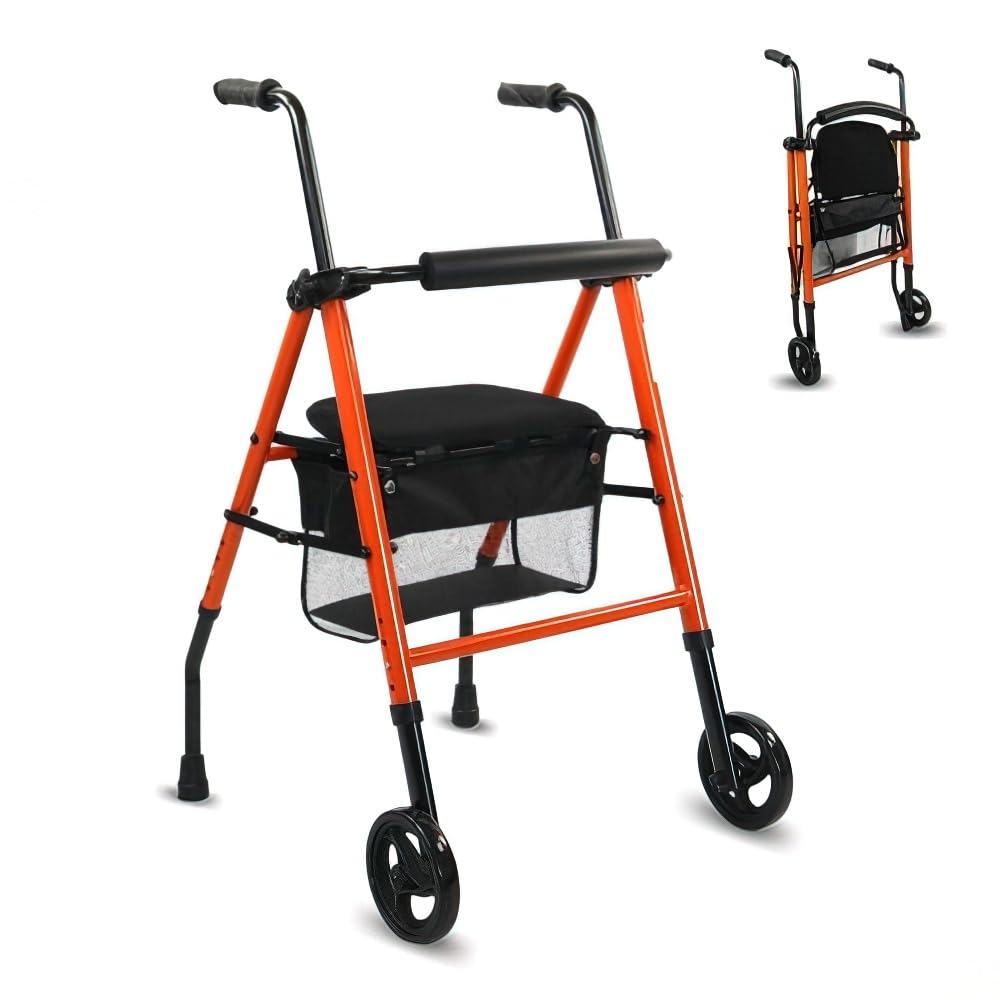 Mobiclinic, Andador Plegable, Ligero, Nerón, con Asiento y Respaldo, 2 ruedas, Conteras Antideslizantes, Máx. 100 Kg, Cesta, Acero, Naranja