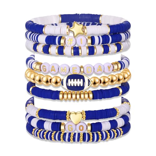 CEALXHENY Game Day Bracelet for Women Stackable Football Bracelets Heishi Beaded Stretch Bracelets Game Day Outfits Football Mom Accessories Sports Fan Gifts?Blue White?