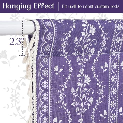 Image of Yinhua Boho Valance Curtains Vintage Linen Kitchen Valances for Windows Light Filtering Bohemian Floral Valance Rod Pocket Tassel Window Valances for Bathroom Cafe, 52 inch W X 18 inch L, Purple